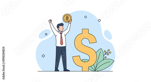 Businessman celebrating financial success with large dollar sign and gold coin, investment profit concept, flat vector illustration