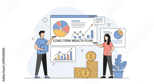 Long-Term Wealth Plan Concept with Financial Advisors Analyzing Data Charts and Investment Growth. Flat Vector Illustration for Business and Personal Finance.