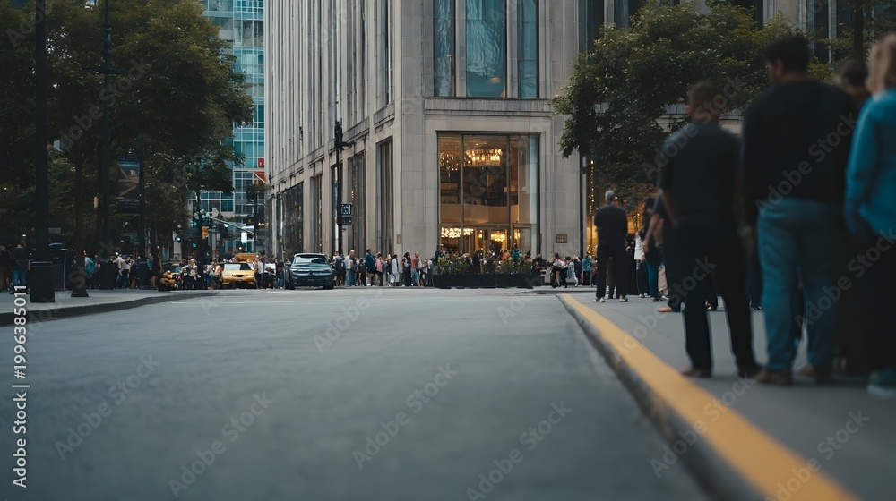 Obraz premium A vibrant street scene capturing daily life with pedestrians walking past modern architecture and lush greenery