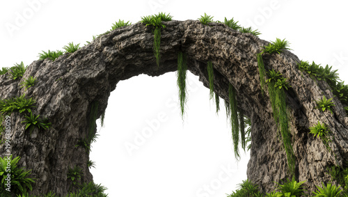 Εκτύπωση καμβά Natural rock archway covered in lush green vegetation, isolated on transparent b