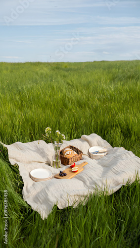 A serene picnic setup on a blanket in a lush green field with a basket and plates
