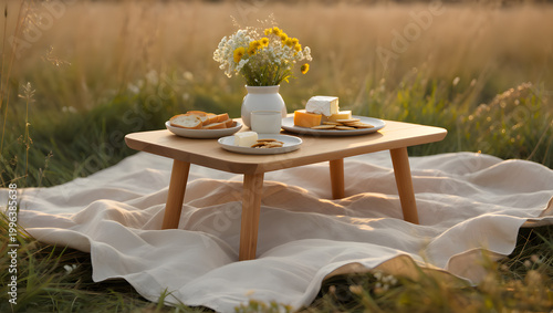 A serene outdoor picnic setup with food on a wooden table in a field