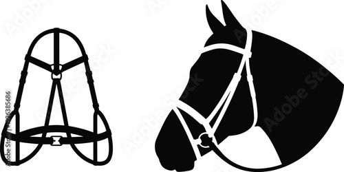 Horse head silhouette, horse bridle, horse head harness, black vector icons