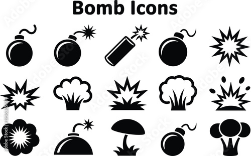 Bomb icons, explosion symbols, black vector graphics, danger signs, warning illustrations