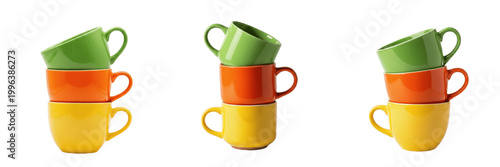 Set and collection Stacked Multicolored Coffee Mugs isolated on white transparent png background