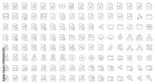 A diverse collection of professional and modern outline icons representing various digital and administrative concepts for web and app design