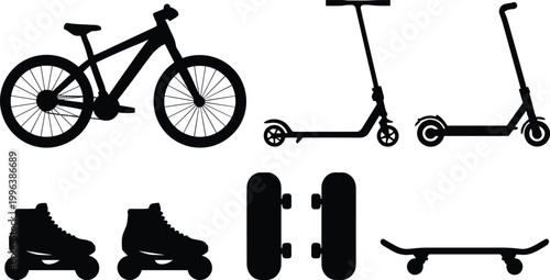 Transport icons, vehicle silhouettes, bike, scooter, skateboard, roller skates, black icons