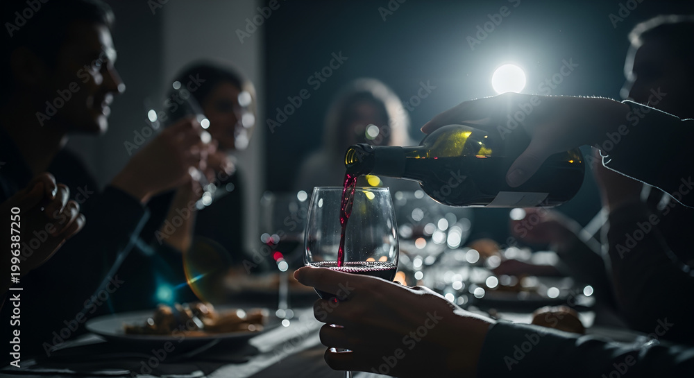 Naklejka premium Pouring red wine into a glass at an elegant dinner party, moody cinematic atmosphere, friends socializing in a dimly lit restaurant, celebration, fine dining, and luxury lifestyle.