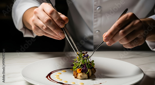 Professional chef meticulously plating a gourmet dish using culinary tweezers, fine dining presentation, exquisite food styling, Michelin star restaurant, gastronomy art.