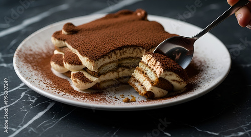 Tiramisu cake with a spoon taking a bite, layers of mascarpone cream and ladyfingers, cocoa powder dusting on white plate, gourmet italian dessert on dark marble table.