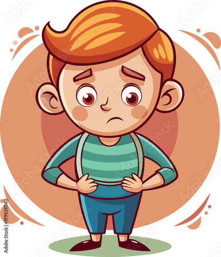 Unhappy boy standing with hands on waist wearing striped shirt and suspenders cartoon character vector illustration design.