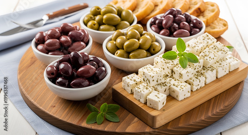 Mediterranean appetizer platter with Kalamata olives, green olives, seasoned feta cheese cubes, and toasted bread slices. Gourmet Greek mezze board for healthy snacking and