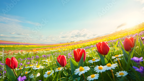 Vibrant field of red tulips and colorful flowers under a bright sunny sky with white clouds