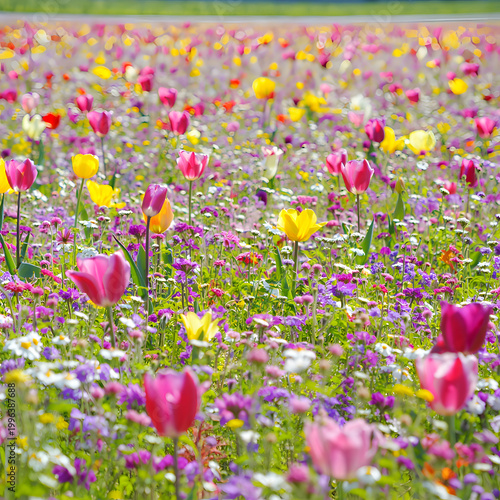 Vibrant field of colorful tulips and wildflowers in bloom