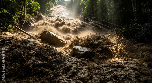 Surging mudslide destroying forest landscape, massive debris flow with rushing mud and rocks, environmental natural disaster, flash flood, cinematic climate crisis scene.