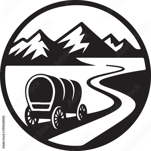 Covered wagon on winding path through mountains