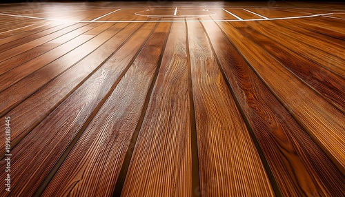 detailed perspective view of a wooden basketball court floor surface