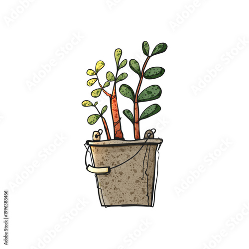 Watercolor Style Vector Succulent Plant in Rustic Metal Bucket Hand Drawn Illustration