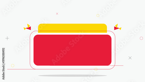 Modern red and yellow banner template, blank geometric text box for promotions, minimalist digital advertising frame vector with confetti