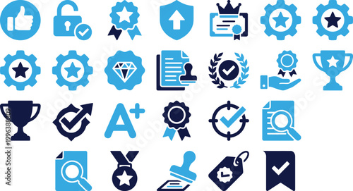 Assortment of quality and success icons for certification and achievement representing approval and recognition awards.