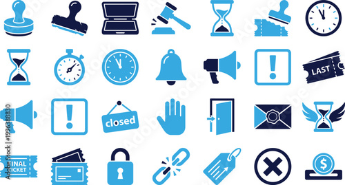 Group of time management and alert icons for business and services representing deadlines important announcements and tickets.