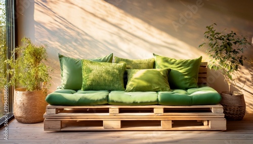 cozy pallet couch with green cushions and pillows in sunlight