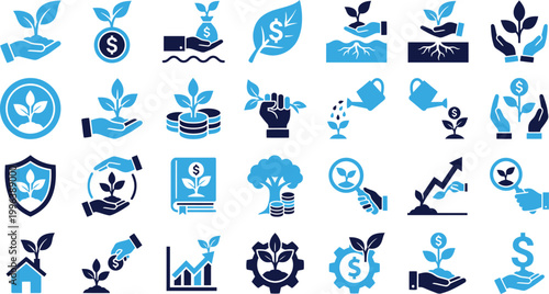 Set of growth and finance icons depicting business success investment and new beginnings.