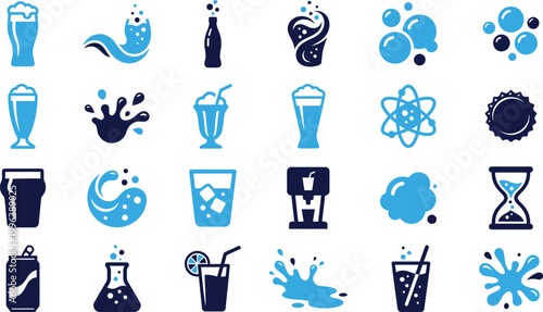 Beverage and drink icons featuring glasses bottles cans and liquid splashes.