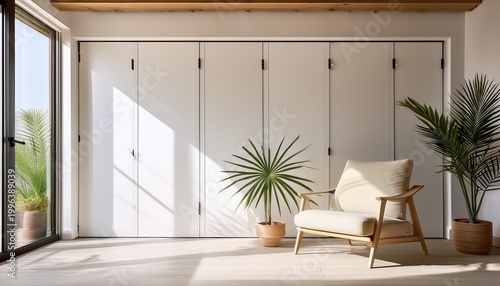 beige armchair and potted palm plant in a sunlit minimalist interior with a white sliding barn door