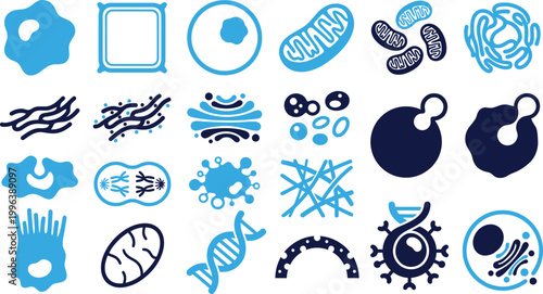 Scientific icons representing cell biology, organelles, DNA, and microscopic structures in blue.