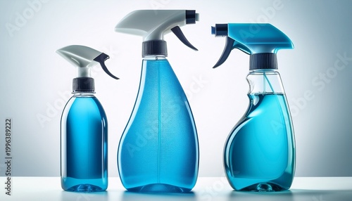 photo realistic household cleaning spray bottle with blue liquid white background essential product for hygiene and sanitation tasks