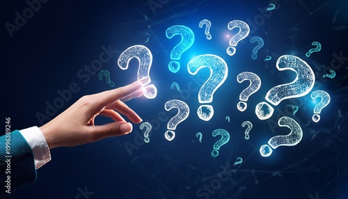 hand touching glowing question marks on dark blue background