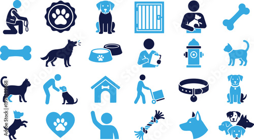 Collection of blue and dark blue icons for dogs and cats pets accessories and veterinary care.