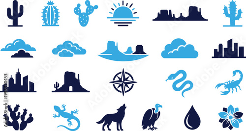 Desert landscape and animal icons in blue and dark blue colors including cacti mountains and scorpions.