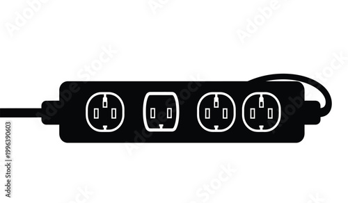 A stark black silhouette of a four outlet power strip with a connecting cord is displayed on a white background silhouette high quality professional
