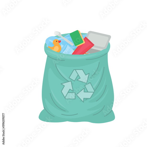 Open plastic garbage bag with mixed waste and recycling symbol. Concept of waste management, recycling, environmental protection, and eco awareness. Isolated object illustration.