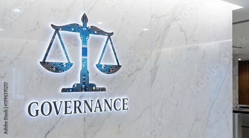 Elegant Governance Symbol of Justice Scales Illuminated on Marble Wall