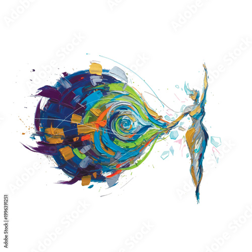 Abstract illustration symbolizing physical and spiritual transformation, letting go of excess weight. Vector grunge modern design on white background.