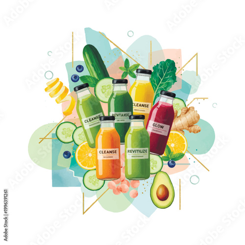 Vibrant vector illustration with multiple detox juice bottles and fresh fruits, vegetables, and ginger. Isolated design on white background.