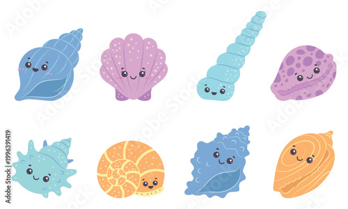 Cute Kawaii Seashell Characters Set, Funny Ocean Shell Cartoon Clipart for Kids