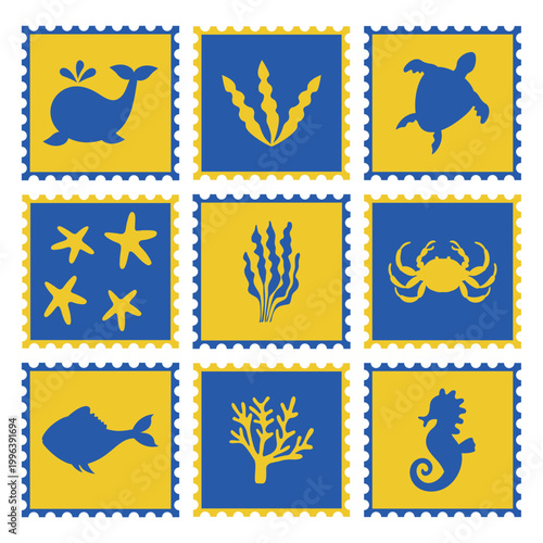 A set of nine stylized postage stamps featuring icons of marine life and ocean flora. Includes images of a whale, turtle, crab, seahorse, fish, starfish, coral, and seaweed. Vector.