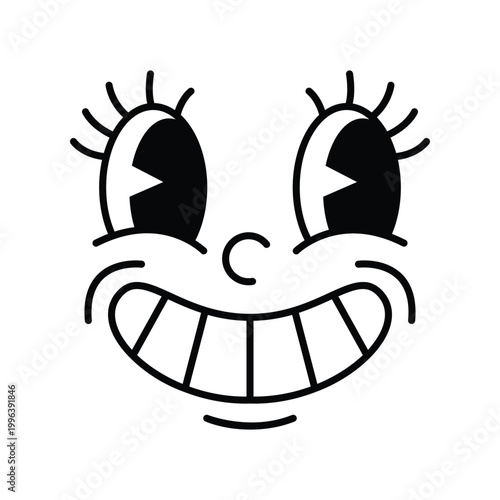 Grinning cartoon face with wide toothy smile and eyelashes minimalist line icon