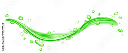 Translucent curved jet or splash of water with drops, in green colors, isolated on transparent background. Transparency only in vector file
