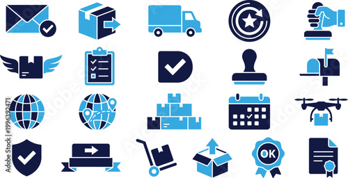 Shipping and delivery icons in blue and navy on white background vector illustration.