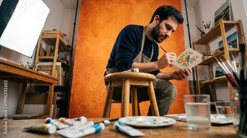 Male artist painting in a studio background for creative workshop poster and art class promotional design with palette brushes and warm lighting