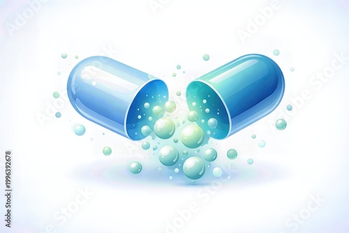 Capsules open and releasing small spheres on a light background