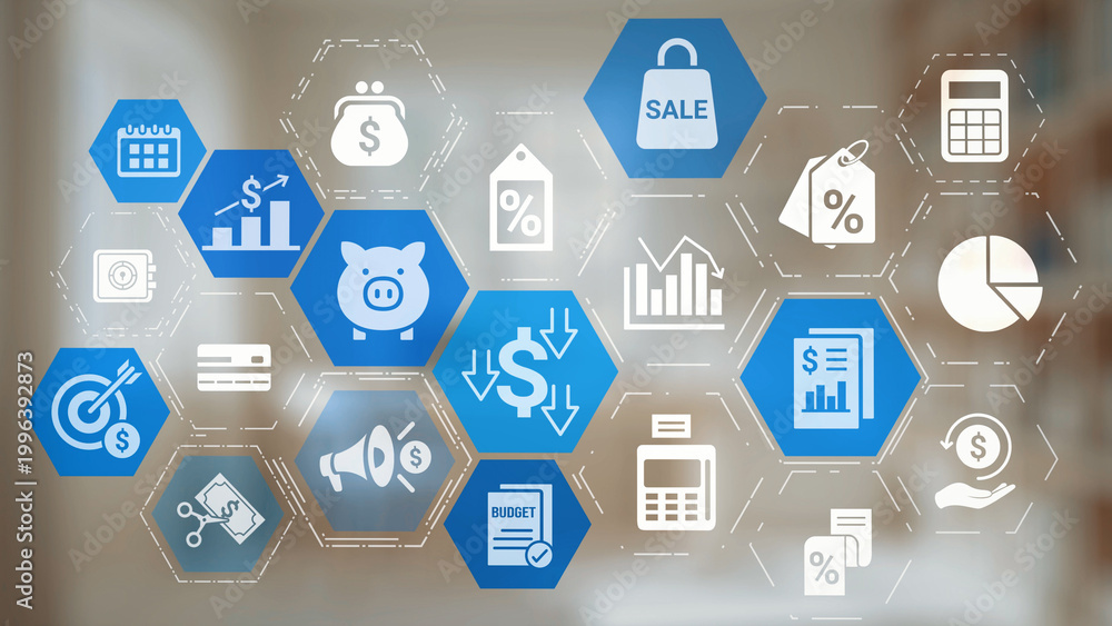 Naklejka premium Modern budgeting and financial management icons showing finance, savings, tax, and planning. Budget supports business strategy, budget helps growth, and budgeting ensures financial control. Gist