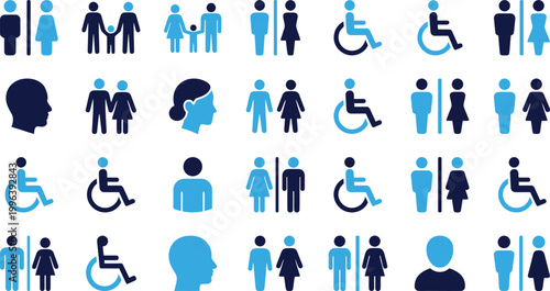 People icons set representing male female and disabled individuals simple vector graphics.