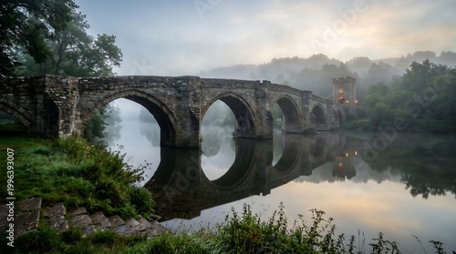 Ancient stone bridge with arches reflected in misty river at dawn