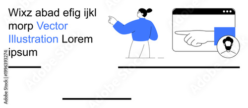 Digital identity, user interfaces, online guidance, navigation, internet profiles, visual learning. Person pointing to web elements with icons. Digital identity and user interface ion